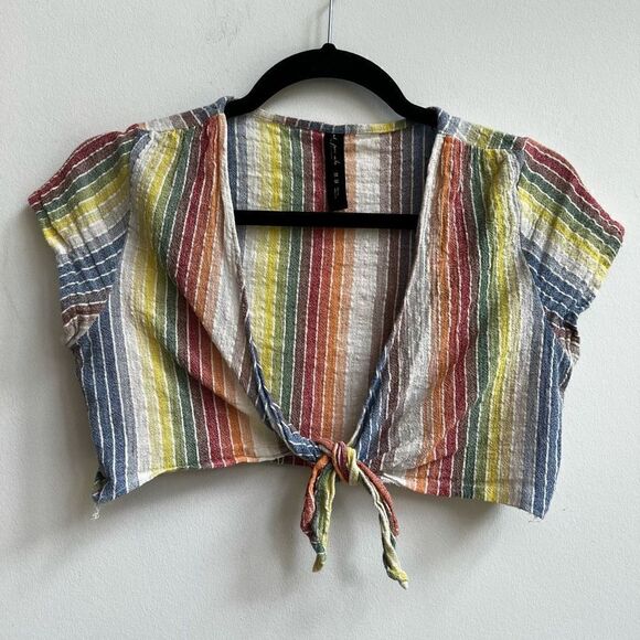 Out from Under Women's Ribbon Tie Front Multicolor Stripes Crop Top Size M - Picture 1 of 7